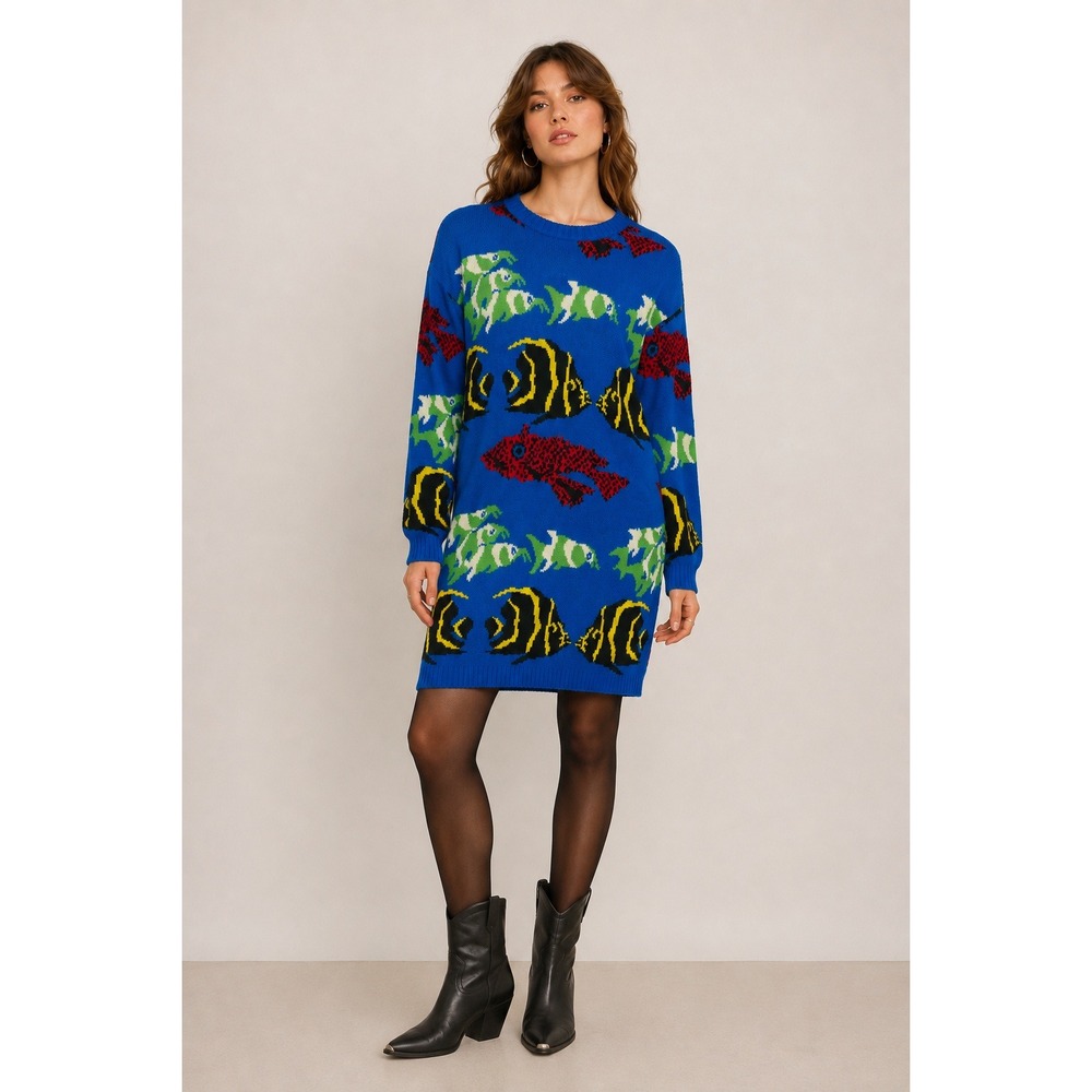 Vintage 90s Novelty Intarsia Knit All Over Fish Print Sweater Dress Medium
